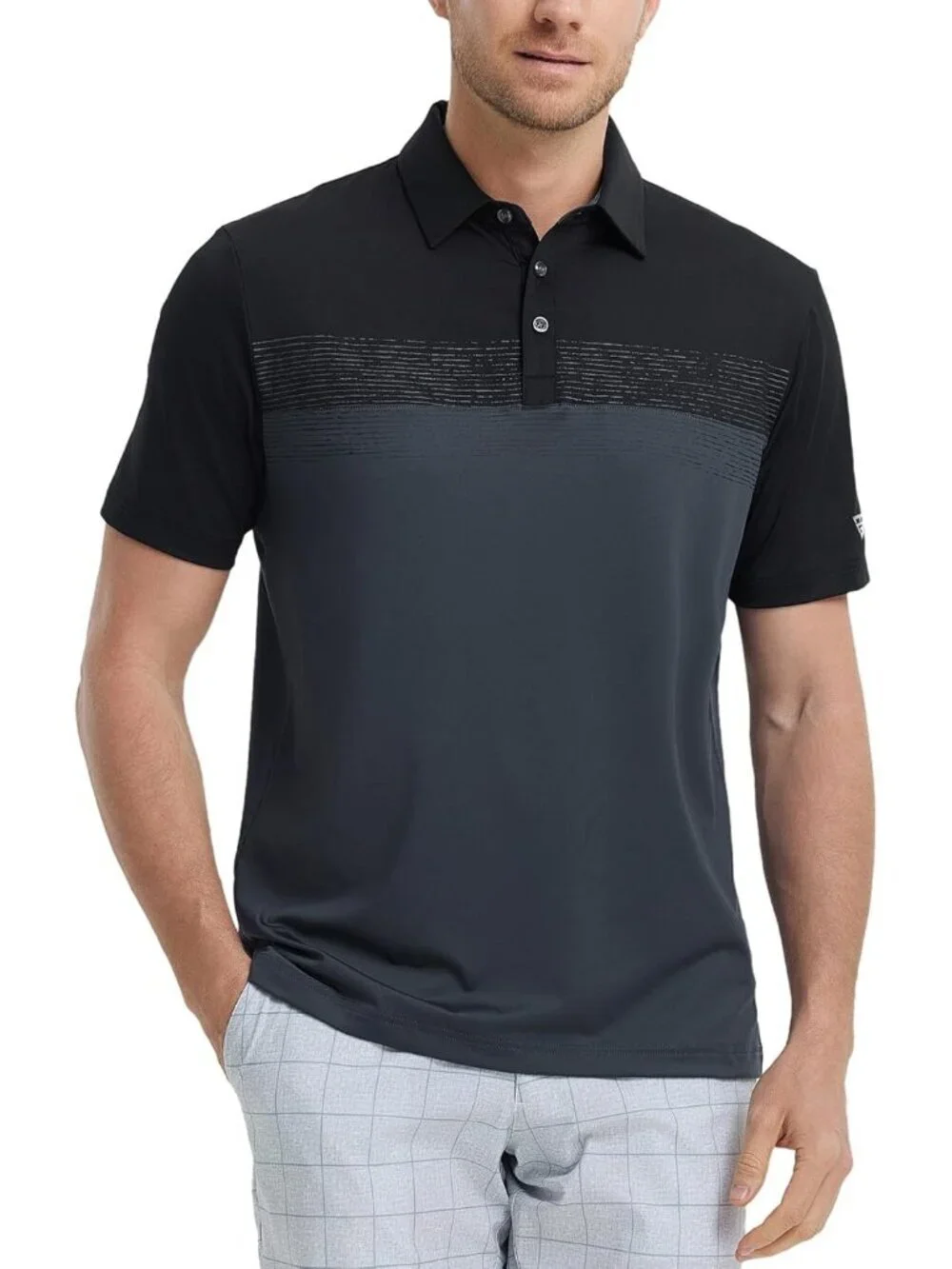 MenA- Black/Dark GreyDry Fit Polo Shirt Color Block Chest Print Moisture Wick - Picture 2 of 6